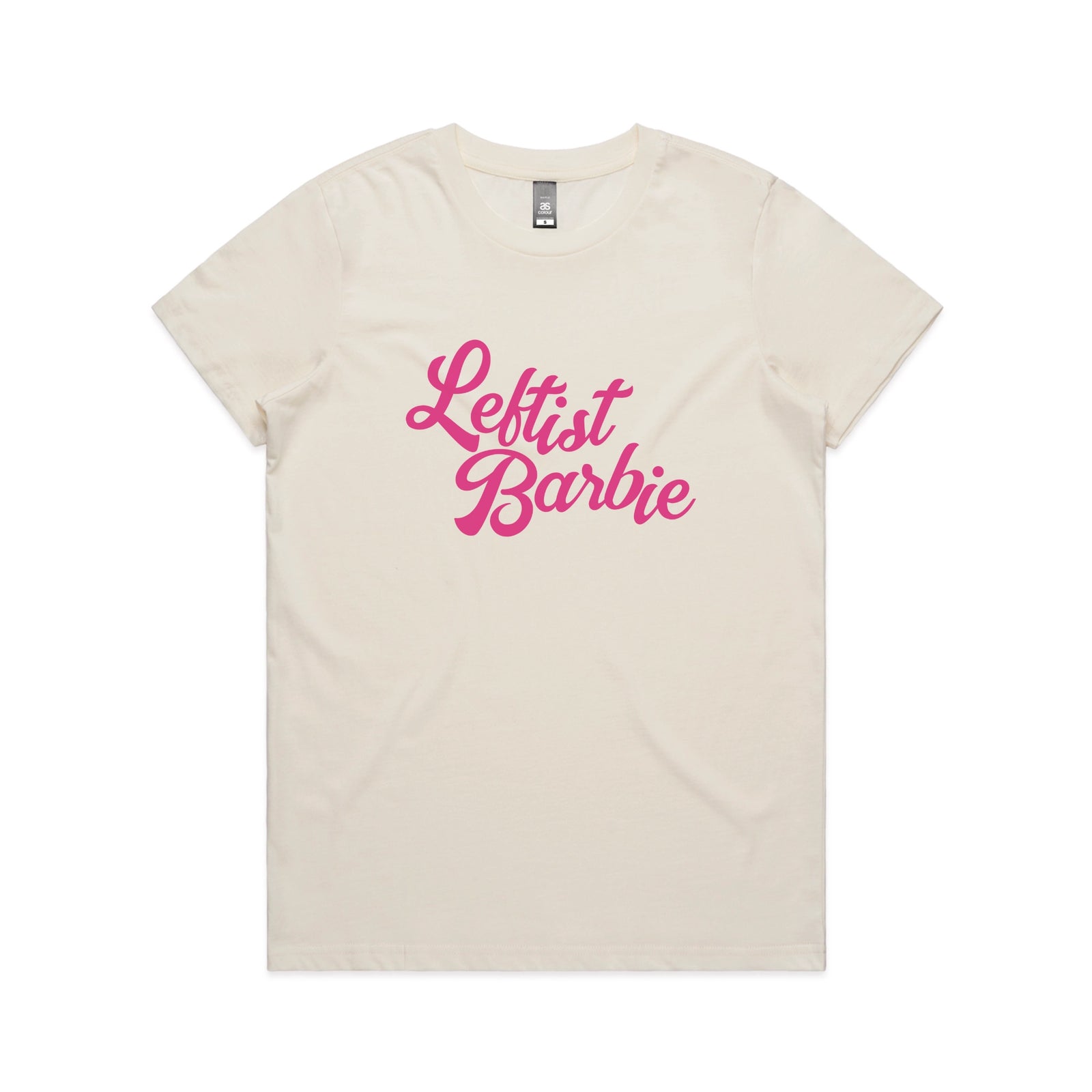 Ecru fitted womens t-shirt with Leftist Barbie graphic by Lonely Kids Club