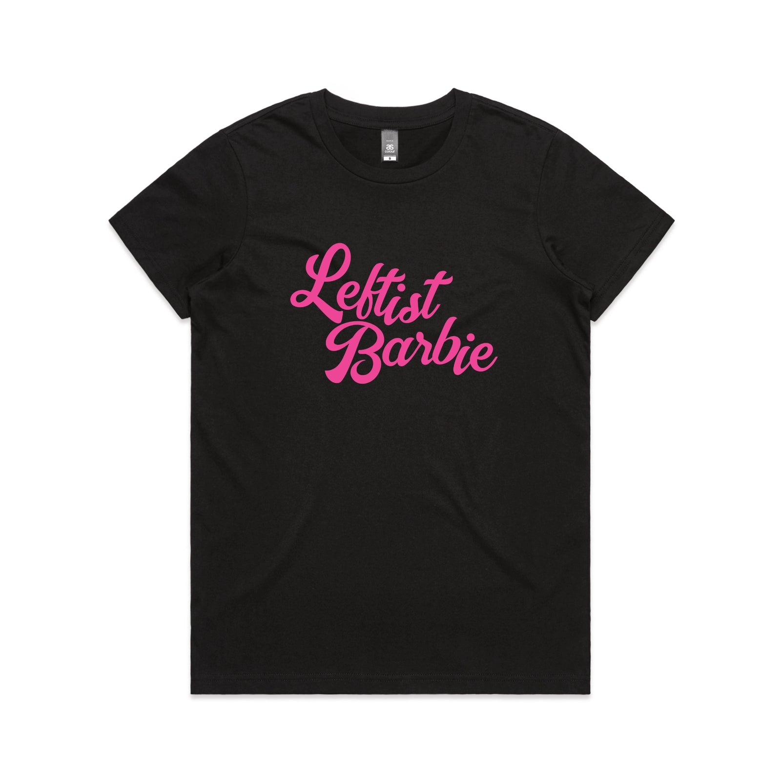 Black fitted womens t-shirt with Leftist Barbie graphic by Lonely Kids Club
