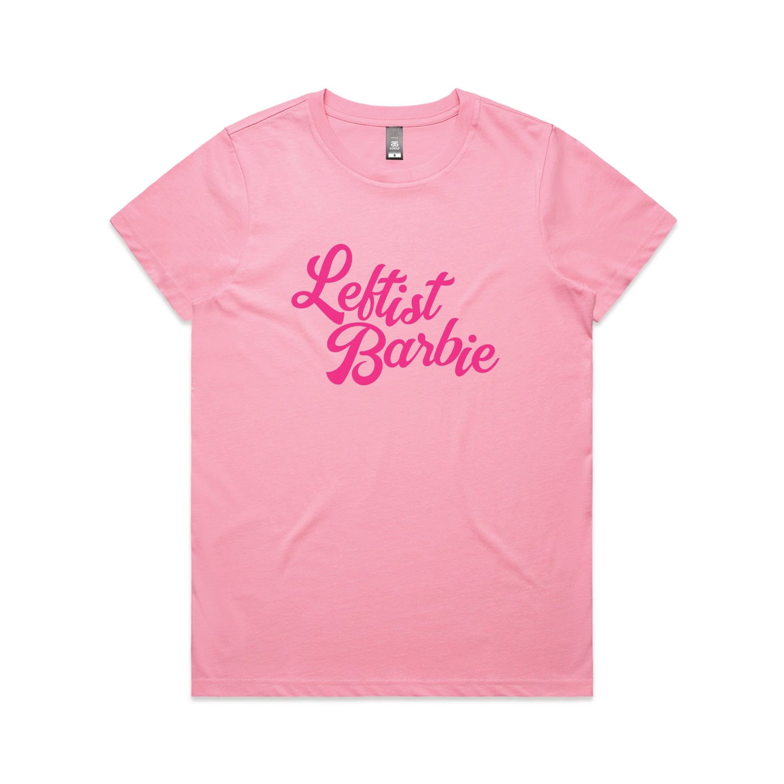 Bubblegum fitted womens t-shirt with Leftist Barbie graphic by Lonely Kids Club