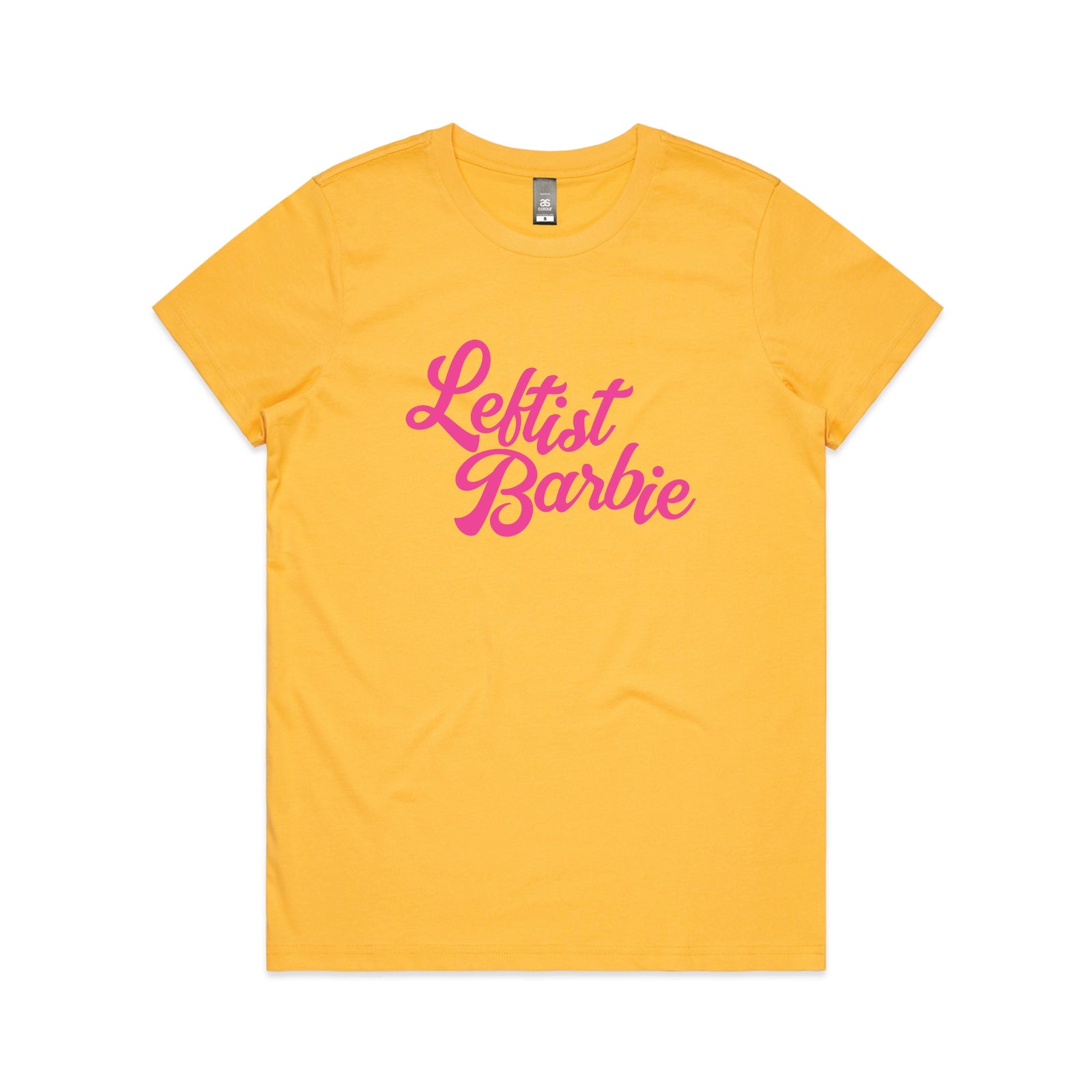 Yellow fitted womens t-shirt with Leftist Barbie graphic by Lonely Kids Club