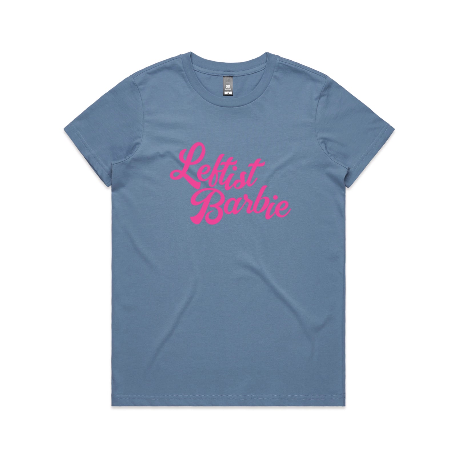 Carolina Blue fitted womens t-shirt with Leftist Barbie graphic by Lonely Kids Club