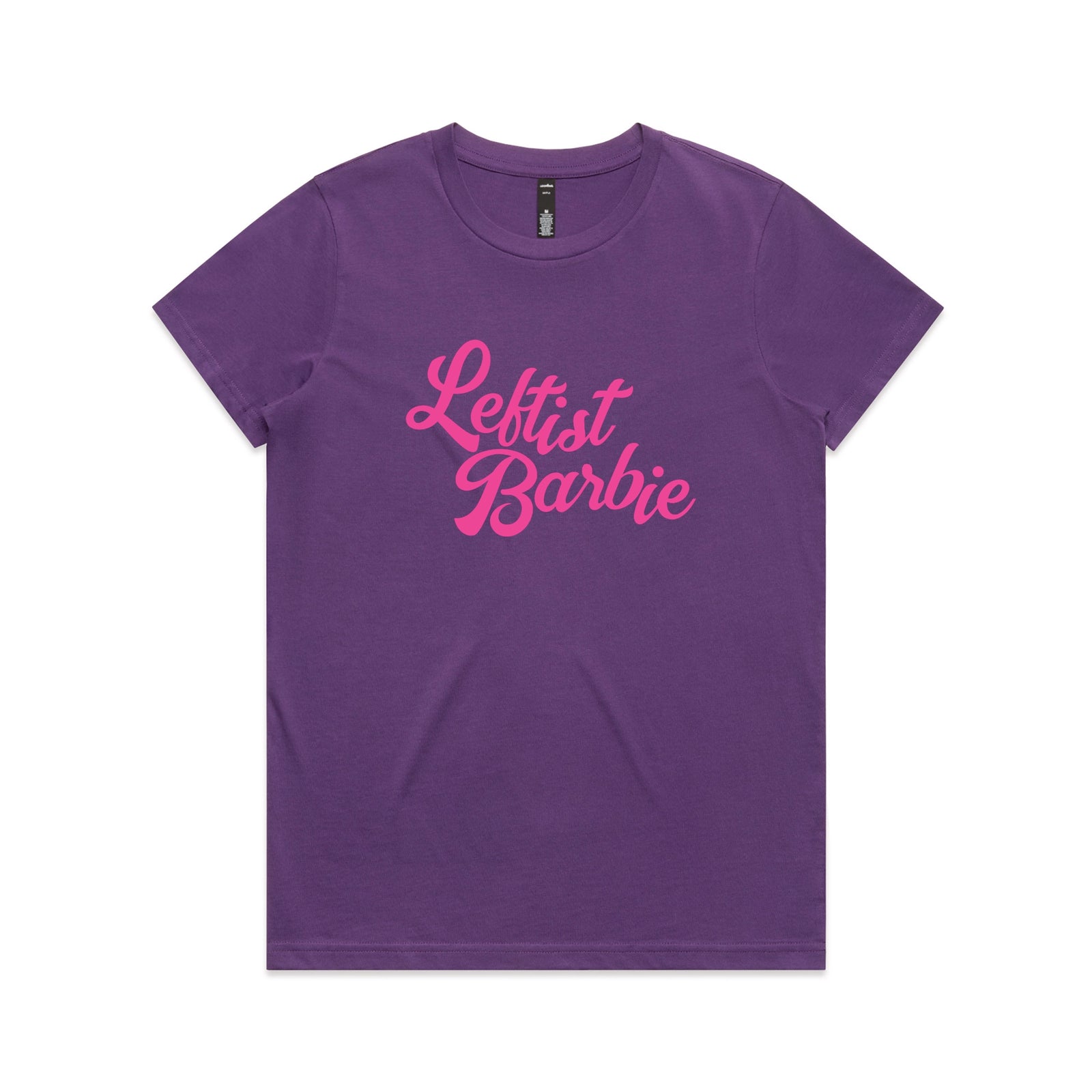Purple fitted womens t-shirt with Leftist Barbie graphic by Lonely Kids Club