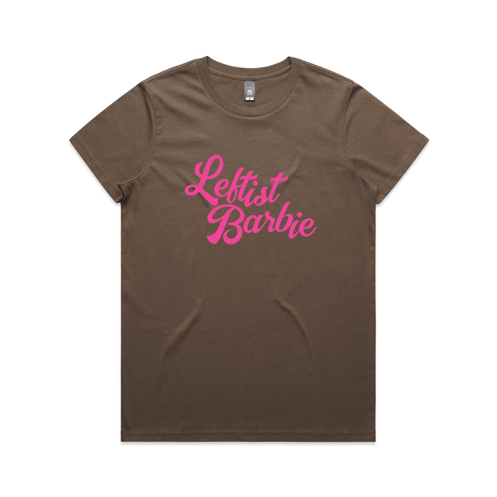 Walnut fitted womens t-shirt with Leftist Barbie graphic by Lonely Kids Club