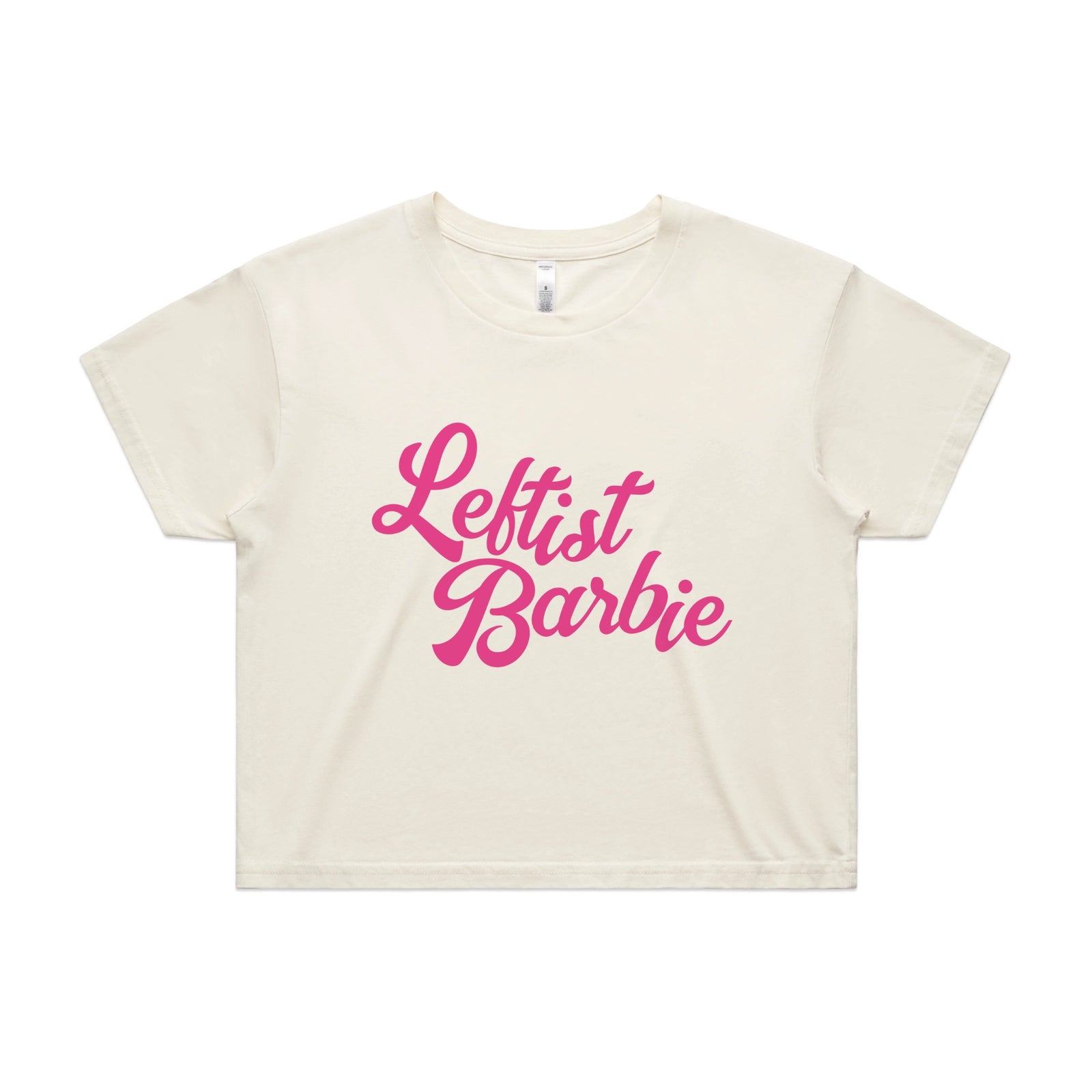 Ecru crop top with Leftist Barbie graphic by Lonely Kids Club