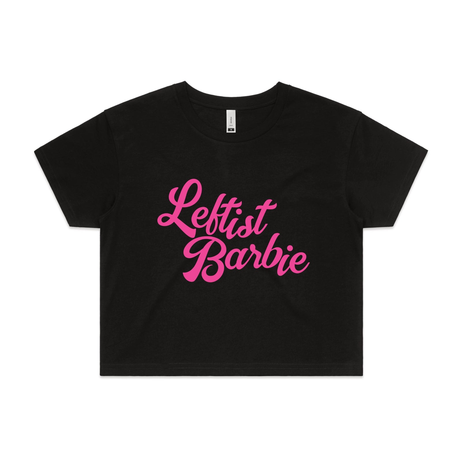 Black crop top with Leftist Barbie graphic by Lonely Kids Club