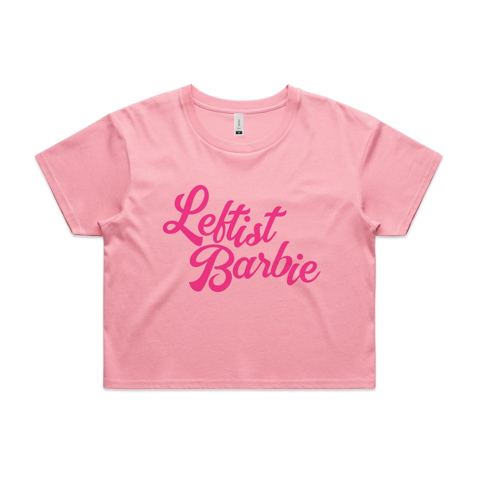 Bubblegum crop top with Leftist Barbie graphic by Lonely Kids Club