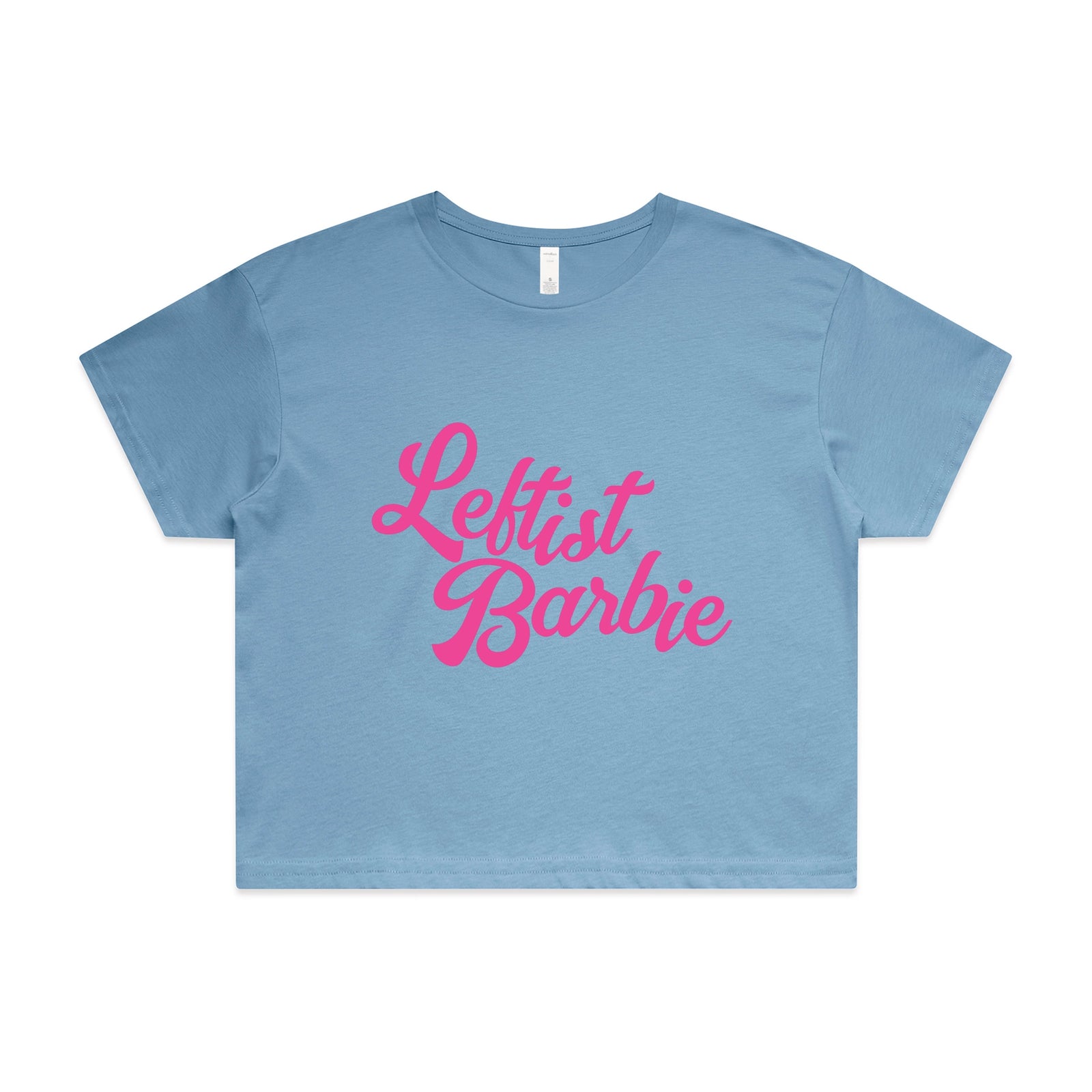 Carolina Blue crop top with Leftist Barbie graphic by Lonely Kids Club