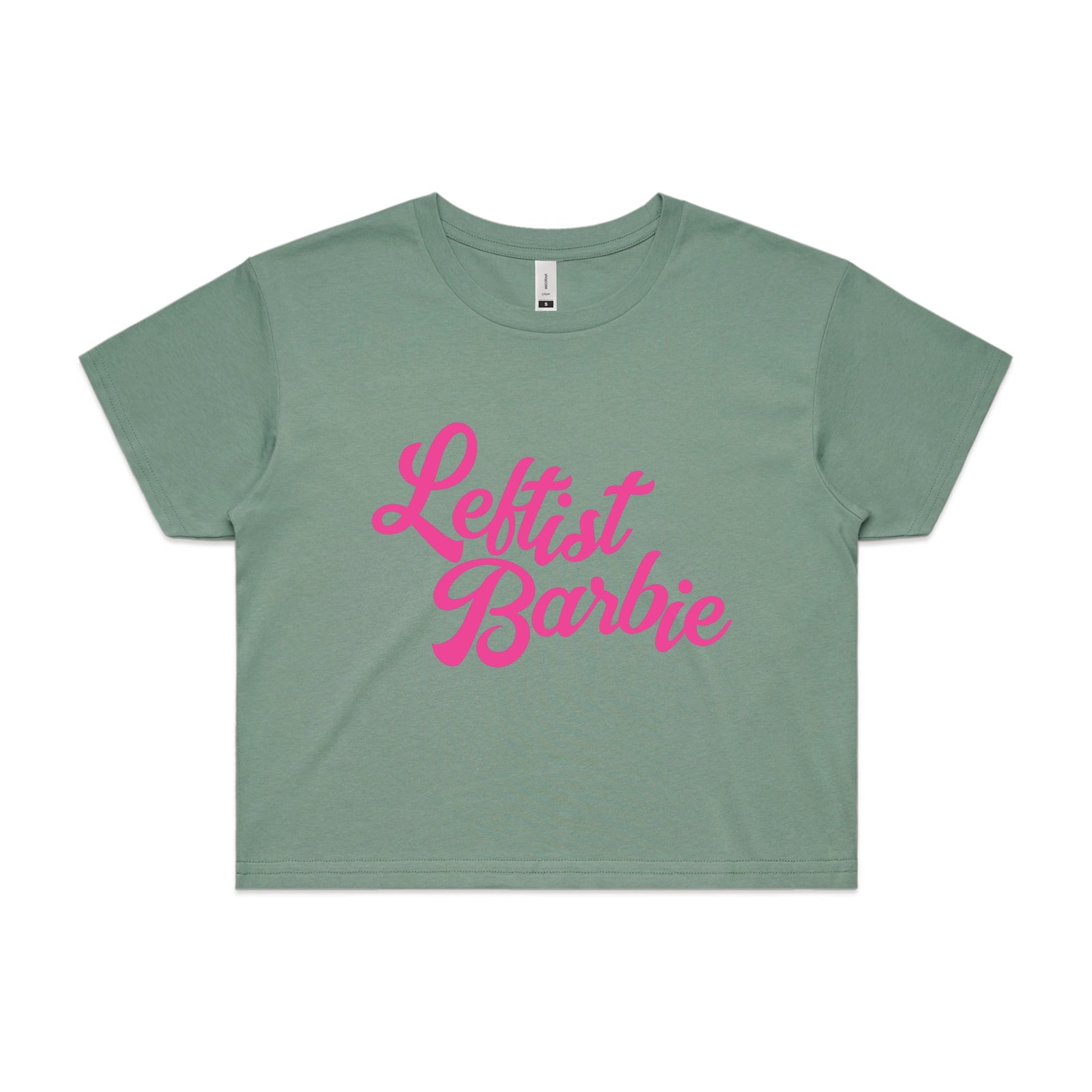 Sage crop top with Leftist Barbie graphic by Lonely Kids Club