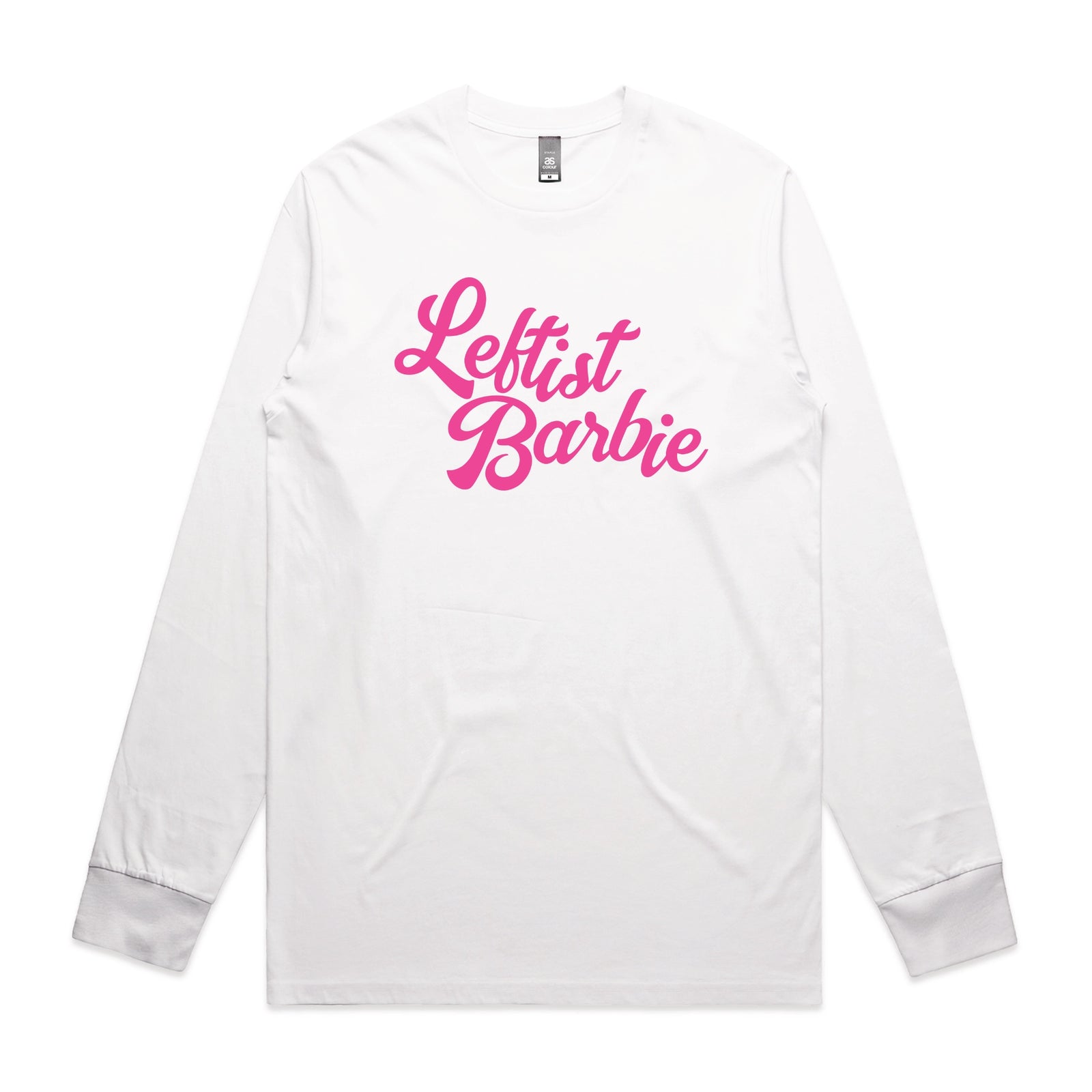 White long sleeve t-shirt with Leftist Barbie graphic by Lonely Kids Club