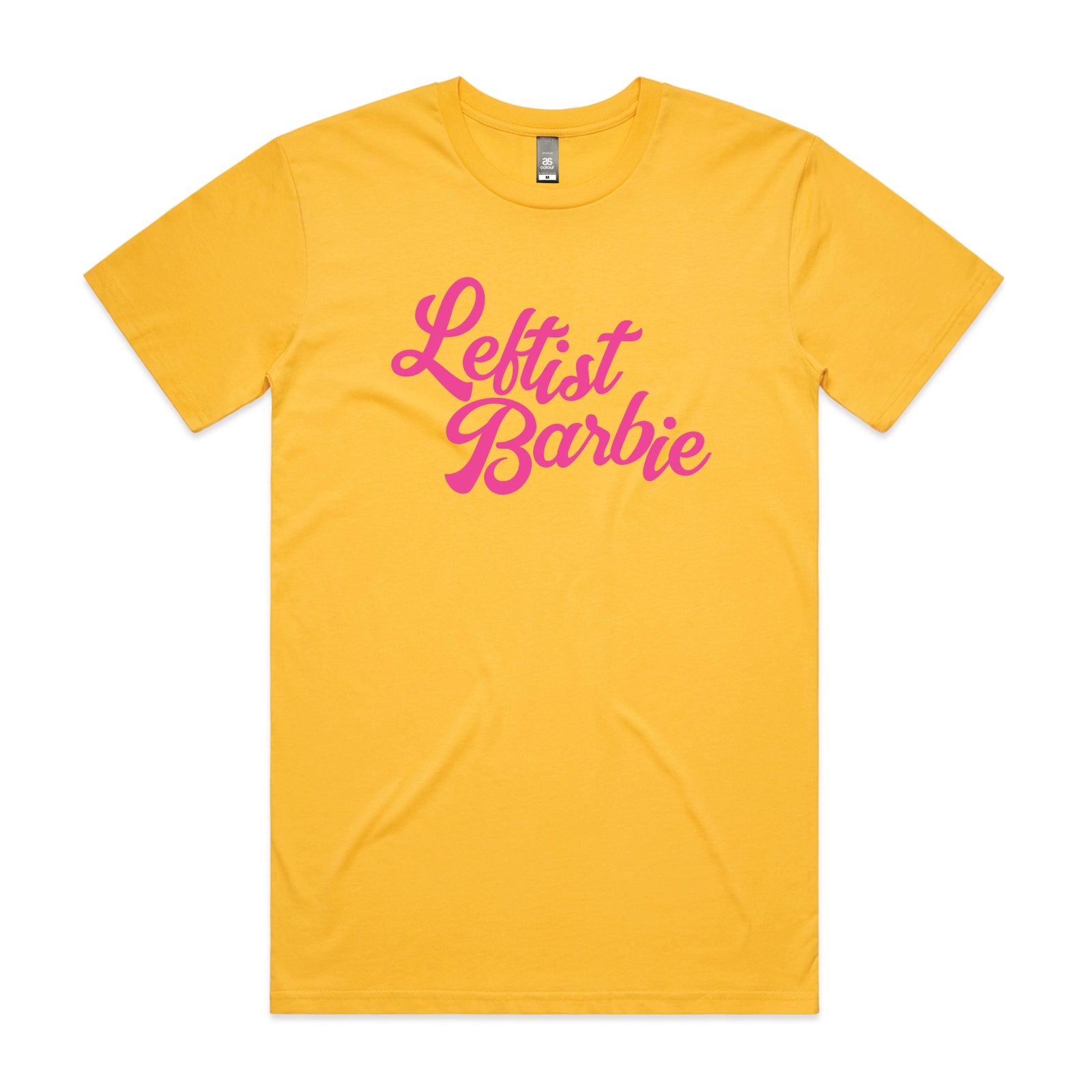 Yellow unisex t-shirt with Leftist Barbie graphic by Lonely Kids Club