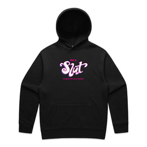 Be A Slut Hoodie by Lonely Kids Club. All clothing from our T-shirts to our shorts and hoodies are ethically made, and printed packed and shipped from Sydney.