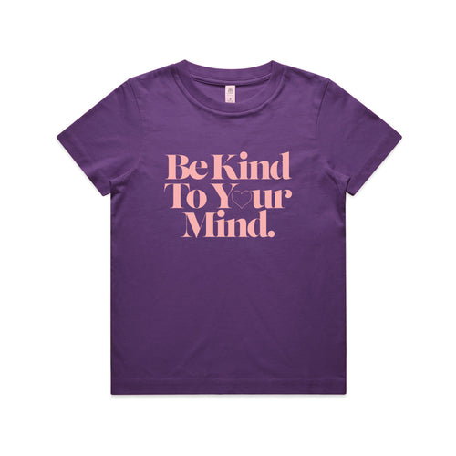 Be Kind To Your Mind Kids Tee by Lonely Kids Club. All clothing from our T-shirts to our shorts and hoodies are ethically made, and printed packed and shipped from Sydney.