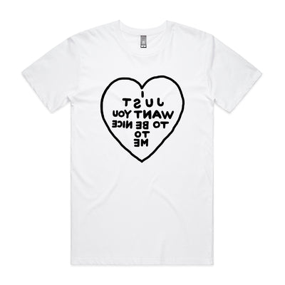 Be Nice To Me Tee by Lonely Kids Club. All clothing from our T-shirts to our shorts and hoodies are ethically made, and printed packed and shipped from Sydney.