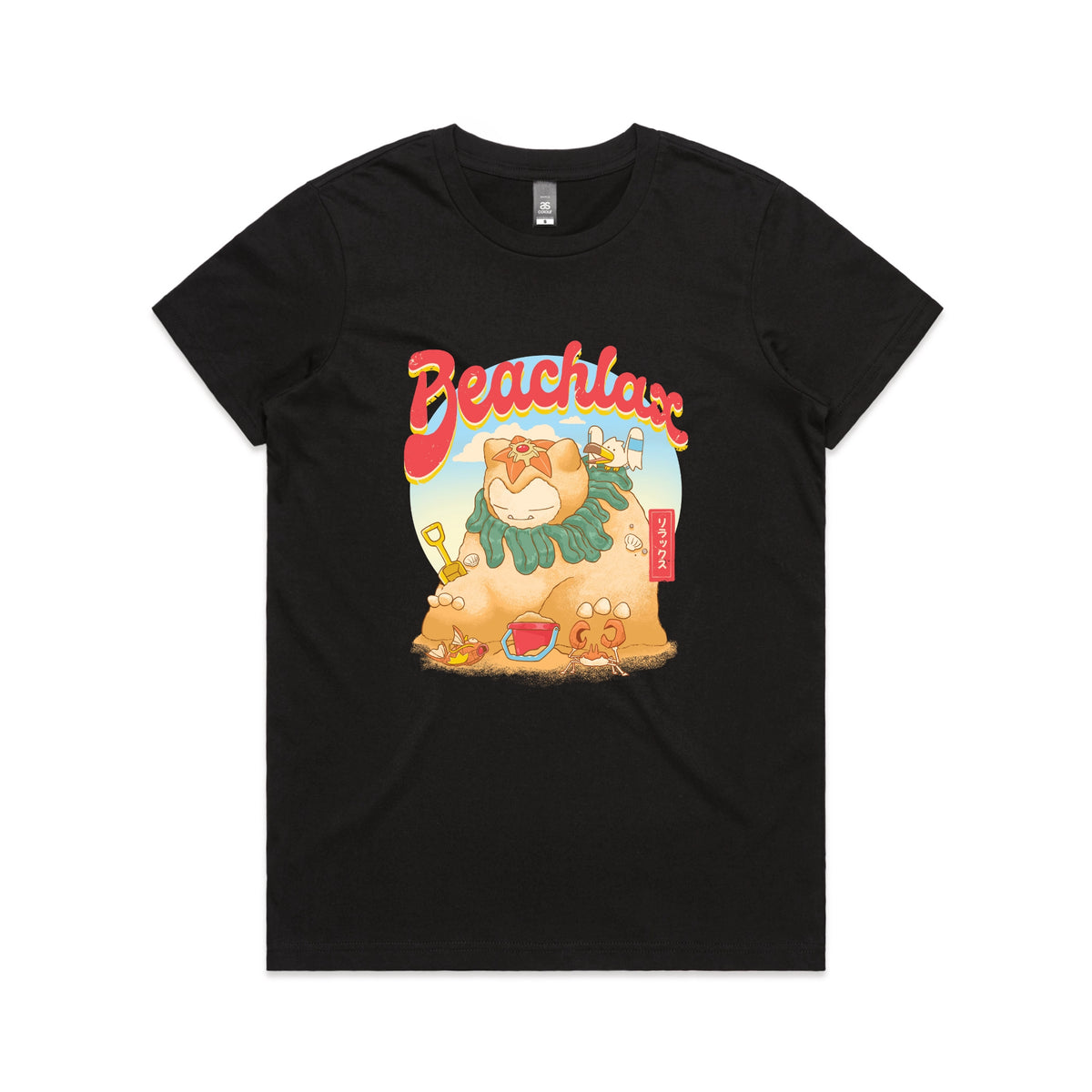 Black fitted womens t-shirt with Beachlax graphic by Lonely Kids Club