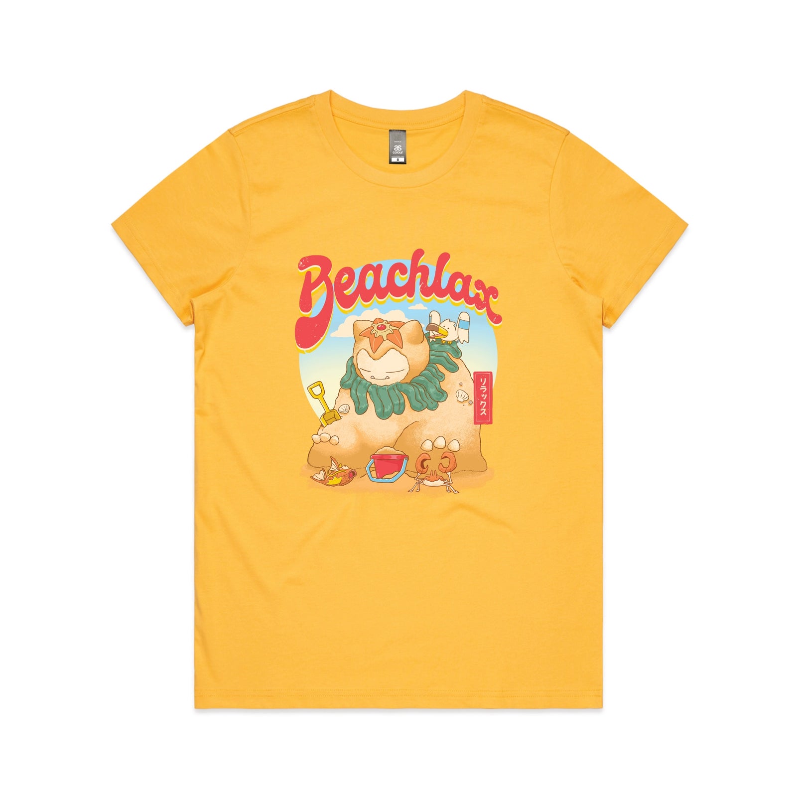 Yellow fitted womens t-shirt with Beachlax graphic by Lonely Kids Club