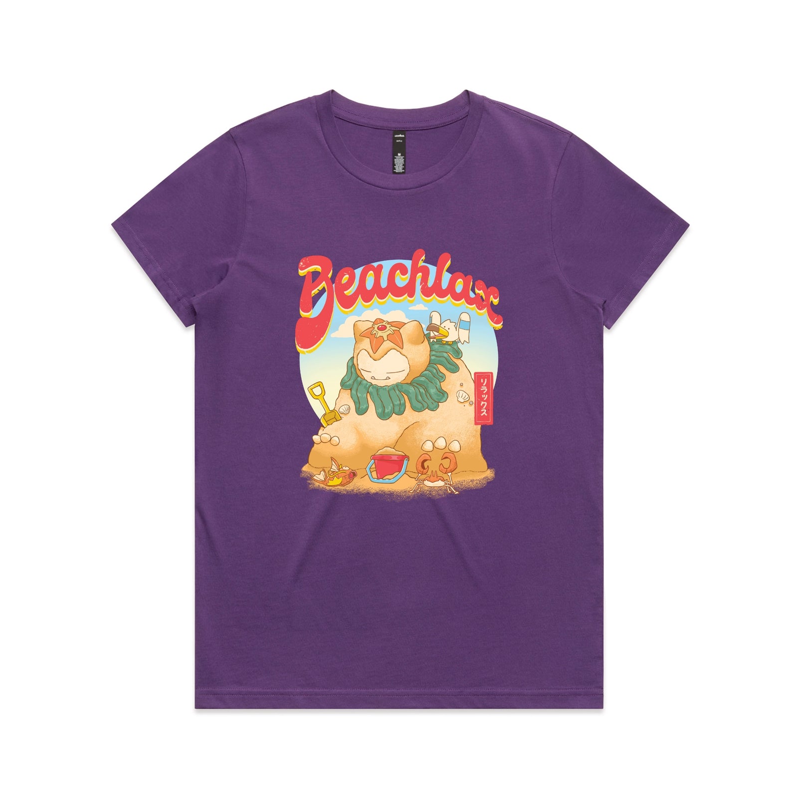 Purple fitted womens t-shirt with Beachlax graphic by Lonely Kids Club