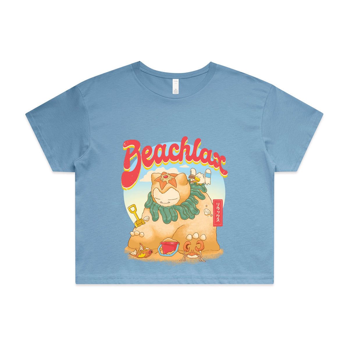 Carolina Blue crop top with Beachlax graphic by Lonely Kids Club