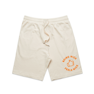 Being Nice Feels Nice Shorts by Lonely Kids Club. All clothing from our T-shirts to our shorts and hoodies are ethically made, and printed packed and shipped from Sydney.