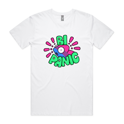 Bi Panic Tee by Lonely Kids Club. All clothing from our T-shirts to our shorts and hoodies are ethically made, and printed packed and shipped from Sydney.