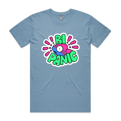 Bi Panic Tee by Lonely Kids Club. All clothing from our T-shirts to our shorts and hoodies are ethically made, and printed packed and shipped from Sydney.
