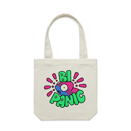 Bi Panic Tote by Lonely Kids Club. All clothing from our T-shirts to our shorts and hoodies are ethically made, and printed packed and shipped from Sydney.