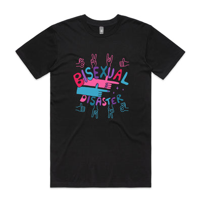 Bisexual Disaster Tee by Lonely Kids Club. All clothing from our T-shirts to our shorts and hoodies are ethically made, and printed packed and shipped from Sydney.