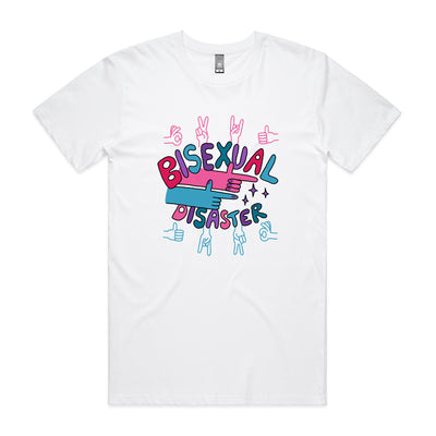 Bisexual Disaster Tee by Lonely Kids Club. All clothing from our T-shirts to our shorts and hoodies are ethically made, and printed packed and shipped from Sydney.