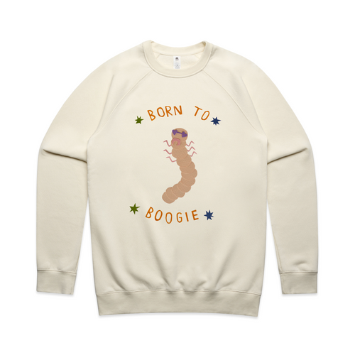 Born To Boogie Jumper by Lonely Kids Club. All clothing from our T-shirts to our shorts and hoodies are ethically made, and printed packed and shipped from Sydney.