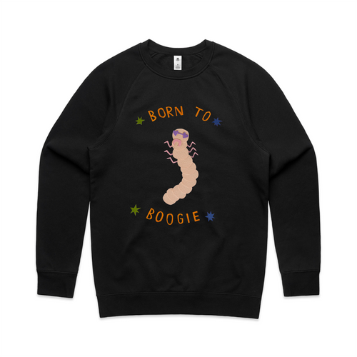 Born To Boogie Jumper by Lonely Kids Club. All clothing from our T-shirts to our shorts and hoodies are ethically made, and printed packed and shipped from Sydney.
