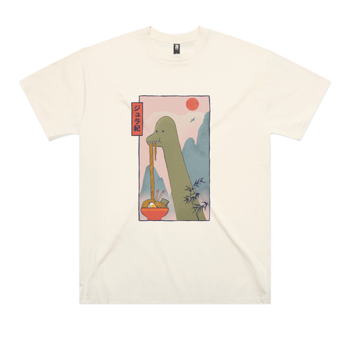 Brachiosaurus Ramen Tee by Lonely Kids Club. All clothing from our T-shirts to our shorts and hoodies are ethically made, and printed packed and shipped from Sydney.