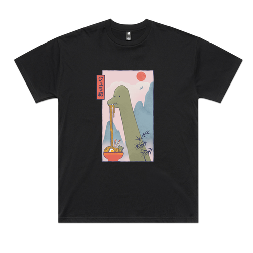 Brachiosaurus Ramen Tee by Lonely Kids Club. All clothing from our T-shirts to our shorts and hoodies are ethically made, and printed packed and shipped from Sydney.