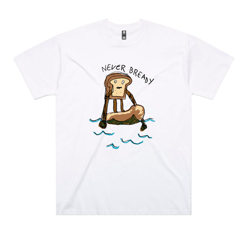 Never Bready Tee by Lonely Kids Club. All clothing from our T-shirts to our shorts and hoodies are ethically made, and printed packed and shipped from Sydney.