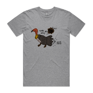Brush Turkey Nest Tee by Lonely Kids Club. All clothing from our T-shirts to our shorts and hoodies are ethically made, and printed packed and shipped from Sydney.