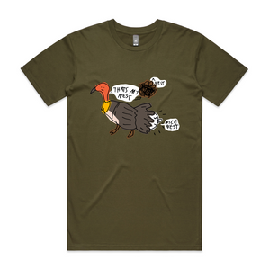Brush Turkey Nest Tee by Lonely Kids Club. All clothing from our T-shirts to our shorts and hoodies are ethically made, and printed packed and shipped from Sydney.