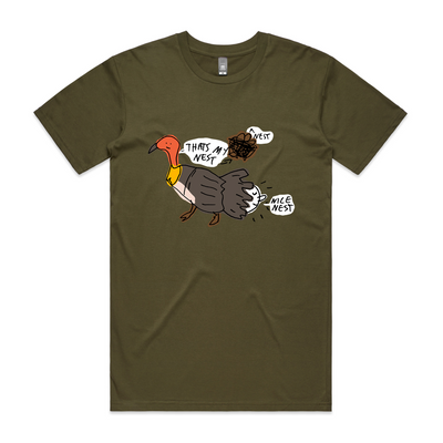 Brush Turkey Nest Tee by Lonely Kids Club. All clothing from our T-shirts to our shorts and hoodies are ethically made, and printed packed and shipped from Sydney.