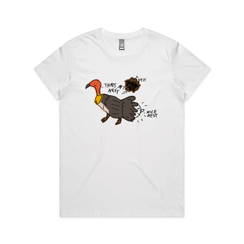 Brush Turkey Nest Tee by Lonely Kids Club. All clothing from our T-shirts to our shorts and hoodies are ethically made, and printed packed and shipped from Sydney.