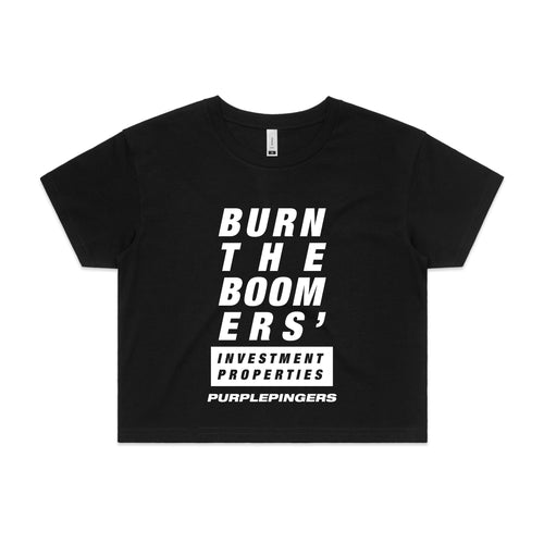 Burn The Boomers Tee by Lonely Kids Club. All clothing from our T-shirts to our shorts and hoodies are ethically made, and printed packed and shipped from Sydney.
