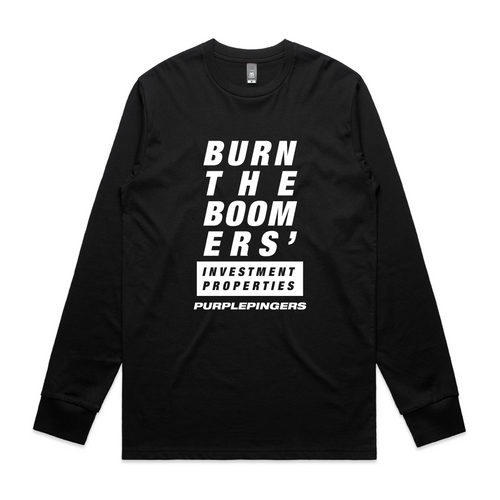 Burn The Boomers Tee by Lonely Kids Club. All clothing from our T-shirts to our shorts and hoodies are ethically made, and printed packed and shipped from Sydney.