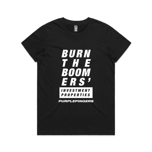Burn The Boomers Tee by Lonely Kids Club. All clothing from our T-shirts to our shorts and hoodies are ethically made, and printed packed and shipped from Sydney.