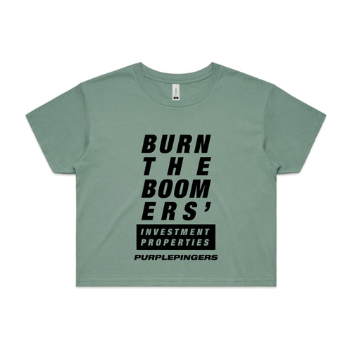 Burn The Boomers Tee by Lonely Kids Club. All clothing from our T-shirts to our shorts and hoodies are ethically made, and printed packed and shipped from Sydney.