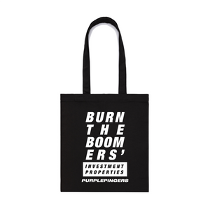 Burn The Boomers Tote by Lonely Kids Club. All clothing from our T-shirts to our shorts and hoodies are ethically made, and printed packed and shipped from Sydney.