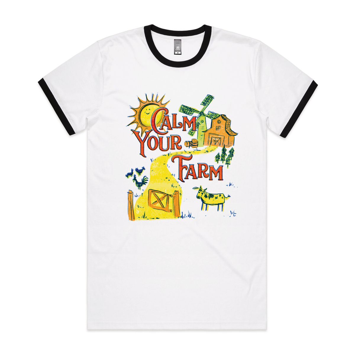 Black/White Ringer unisex t-shirt with Calm Your Farm graphic by Lonely Kids Club