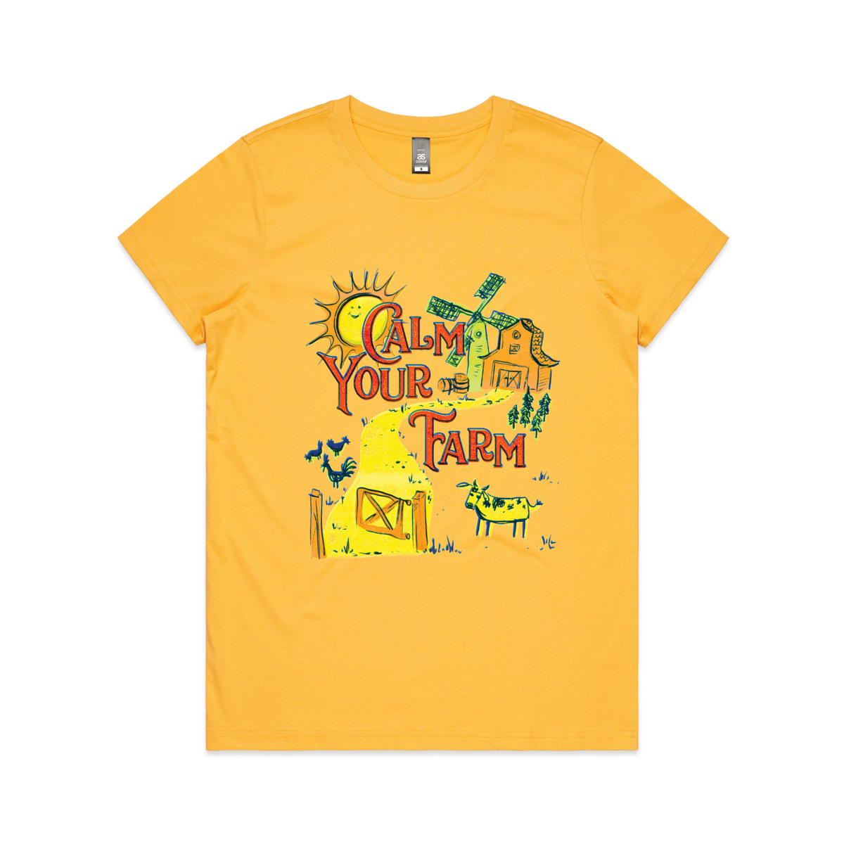 Yellow fitted womens t-shirt with Calm Your Farm graphic by Lonely Kids Club