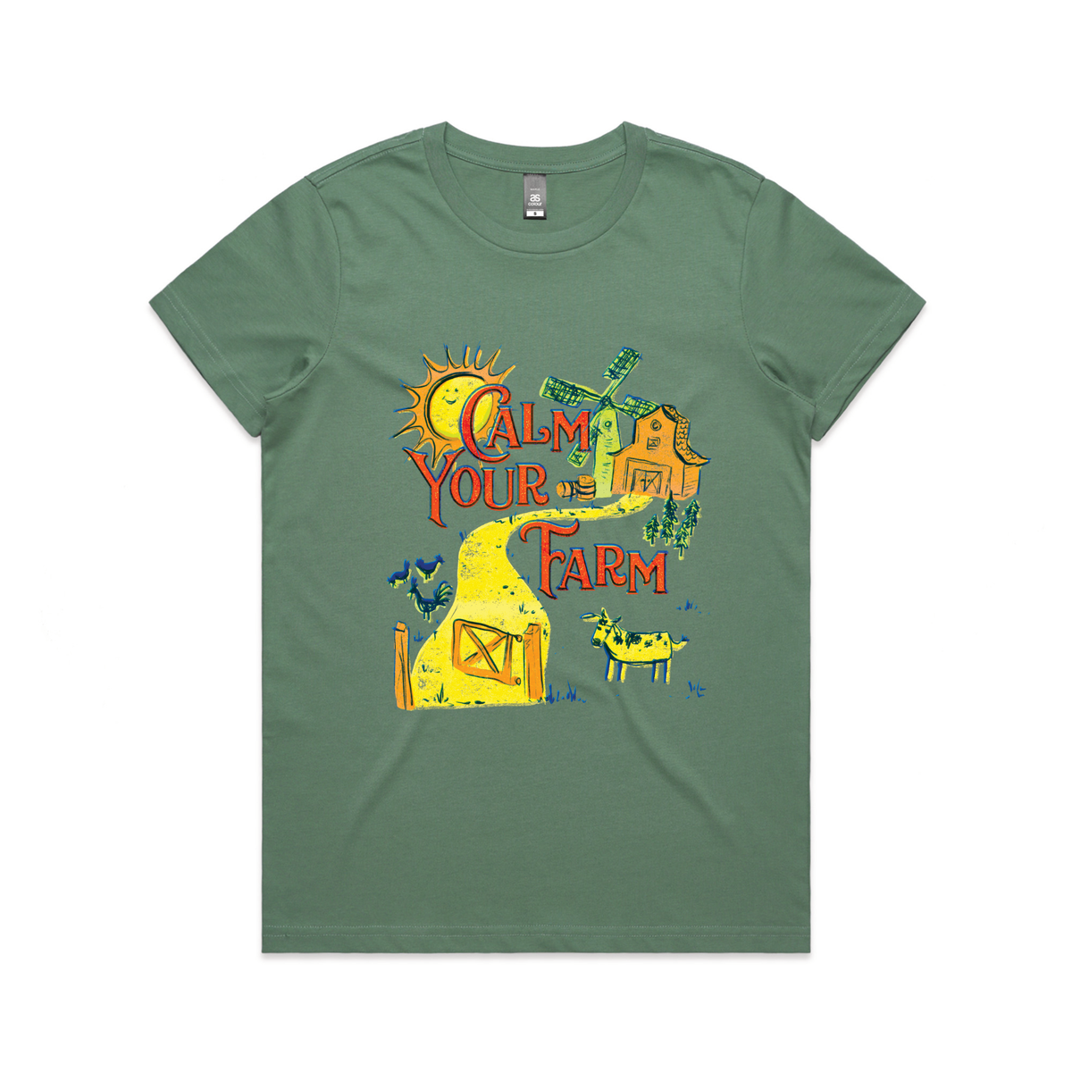 Sage fitted womens t-shirt with Calm Your Farm graphic by Lonely Kids Club