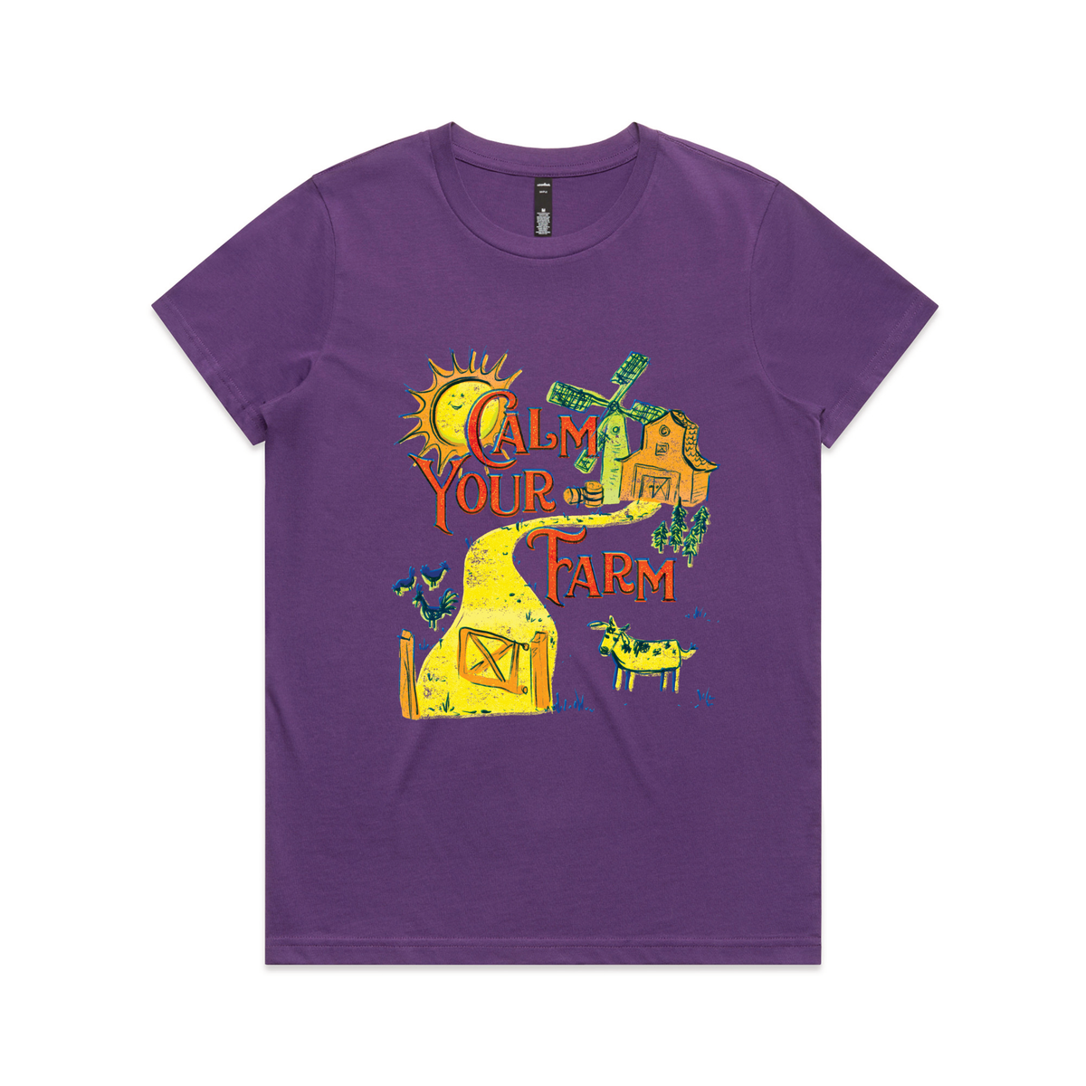 Purple fitted womens t-shirt with Calm Your Farm graphic by Lonely Kids Club