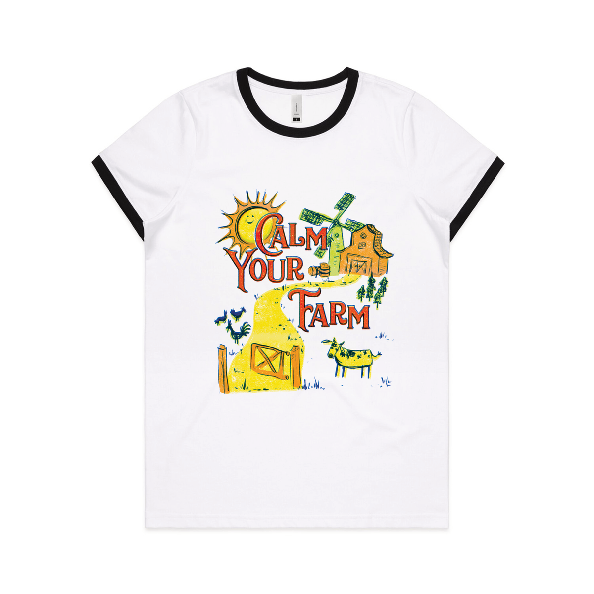 Black/White Ringer fitted womens t-shirt with Calm Your Farm graphic by Lonely Kids Club
