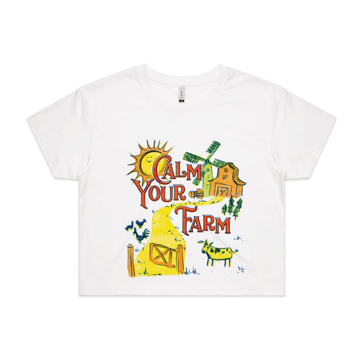 White crop top with Calm Your Farm graphic by Lonely Kids Club