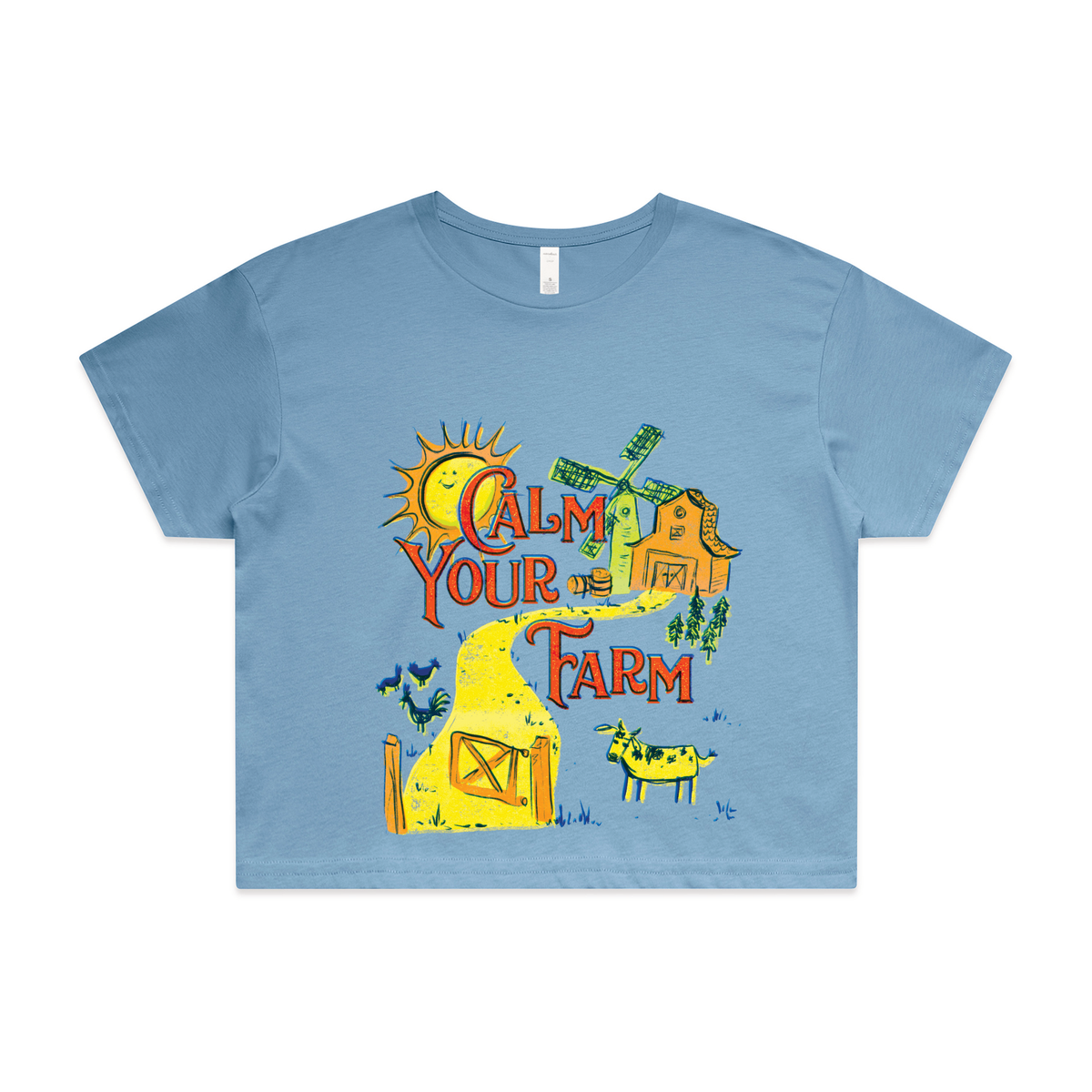 Carolina Blue crop top with Calm Your Farm graphic by Lonely Kids Club