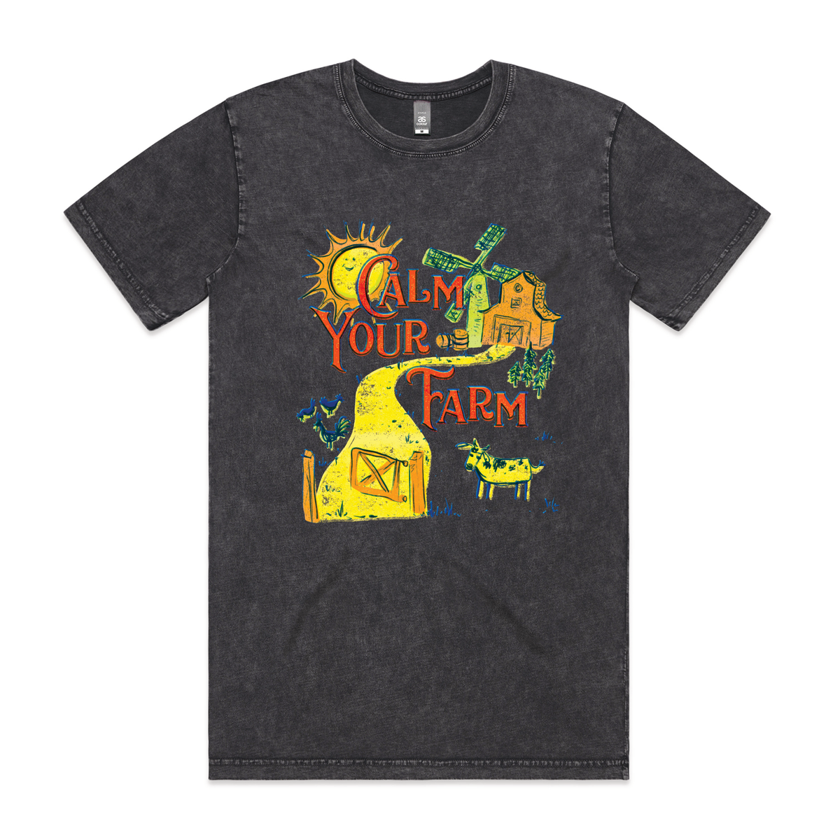 Acid Wash unisex t-shirt with Calm Your Farm graphic by Lonely Kids Club