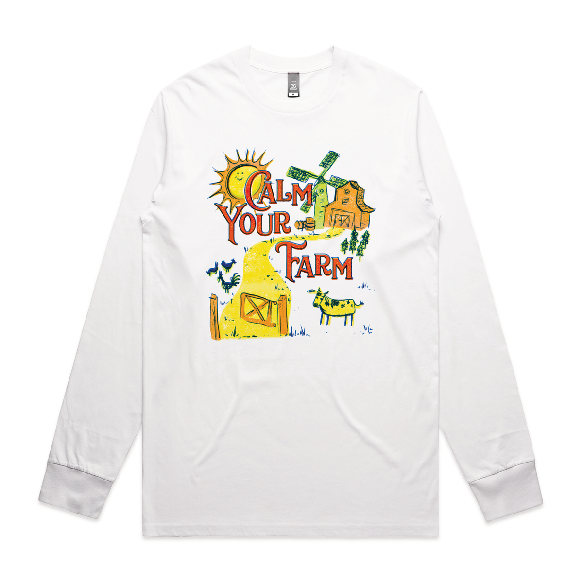 White long sleeve t-shirt with Calm Your Farm graphic by Lonely Kids Club